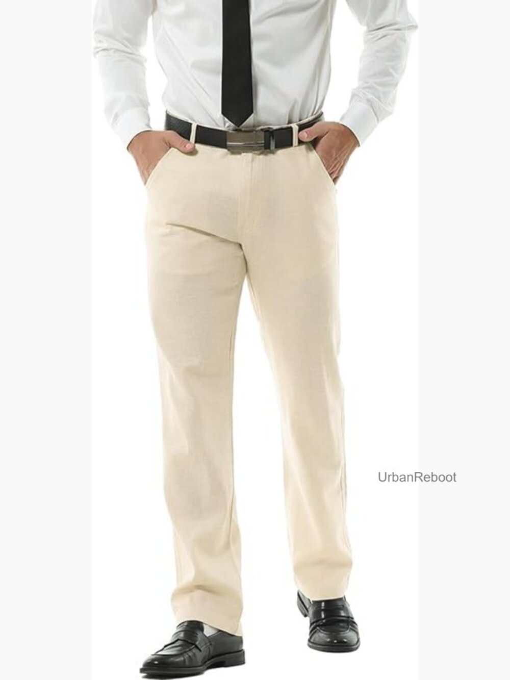 Mens Summer Linen Casual Trousers Straight Leg Mid Rise Lightweight